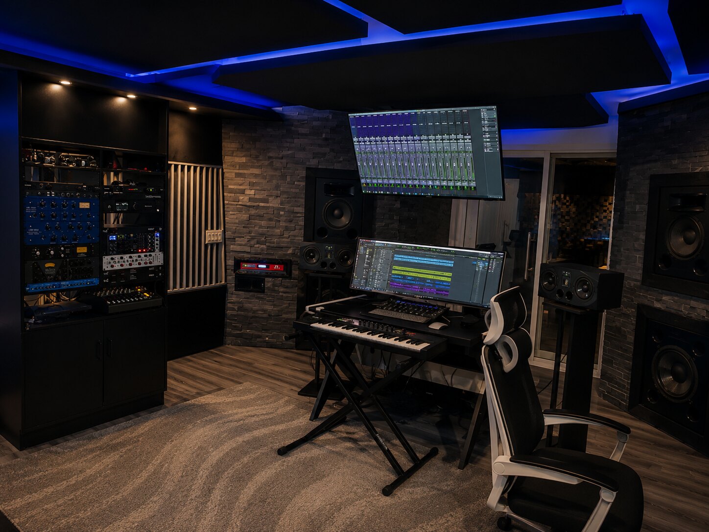 Share That Studio control room with recording equipment and mix screens